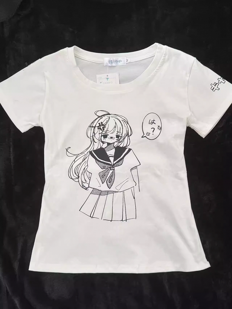 Round Neck with White / Anime Girl Print  Cotton T-Shirt Black