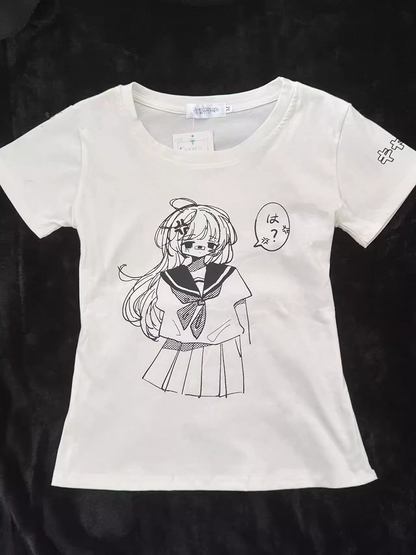 Round Neck with White / Anime Girl Print  Cotton T-Shirt Black