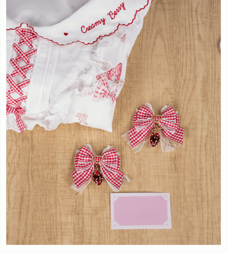 Lolita Sweet Bowknot Kei Plaid with Charm Red/Pink/Black Strawberry Hairclips Jirai - Style