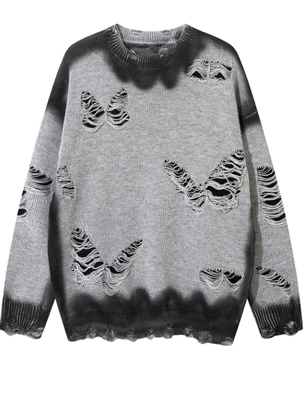 Y2K ブラック/グレー バタフライシェイプ ダメージ加工 ホールズ ラウンドネック セーター