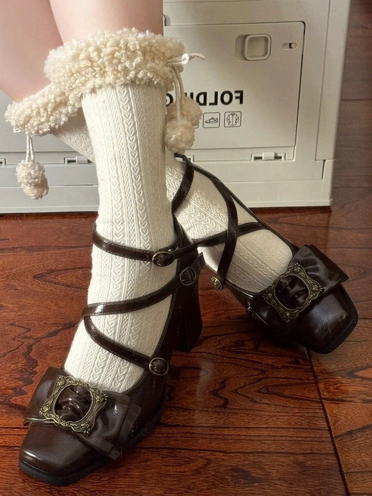 Zehenbild Heels Mitte Crisscross bei Square Frame - Riemen Design Schleife Schnalle Elegantes Top Braun Lolita