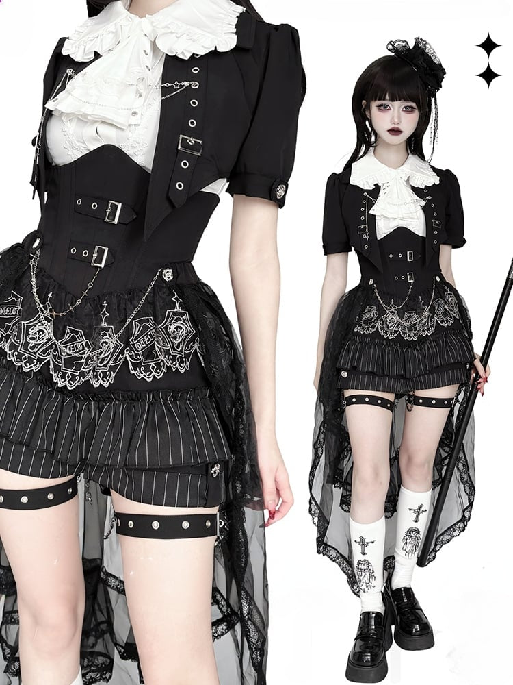 Black and White Prince Ouji Lolita Outfit - White Sleeveless Shirt + Black Cropped Top + Hiigh Waist Blommer Shorts Full Set