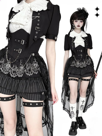 Black and White Prince Ouji Lolita Outfit - White Sleeveless Shirt + Black Cropped Top + Hiigh Waist Blommer Shorts Full Set