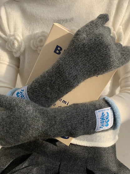 (4 Contrast Wool-Blend Cuffs Gloves Long Knit with Colors)