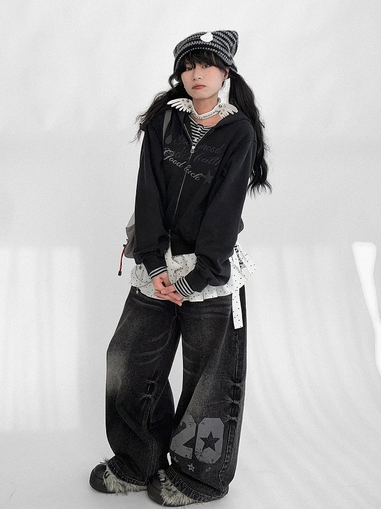 Wide-leg Faded Y2K Print Number Black - Wash with Jeans
