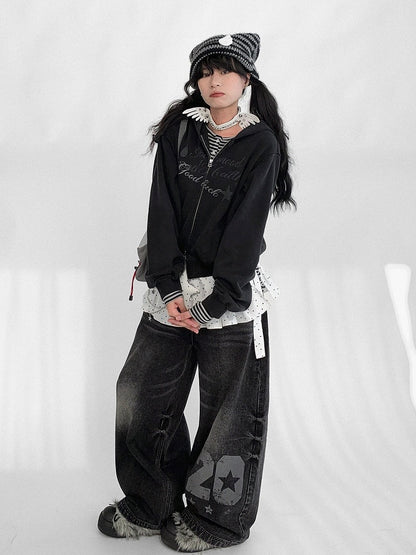 Wide-leg Faded Y2K Print Number Black - Wash with Jeans
