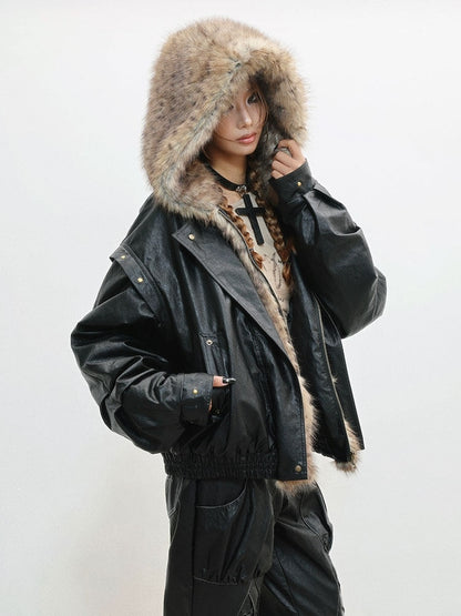 Accent with Jacket - Zip Snap Hooded Style Closure Punk Plush Details Black