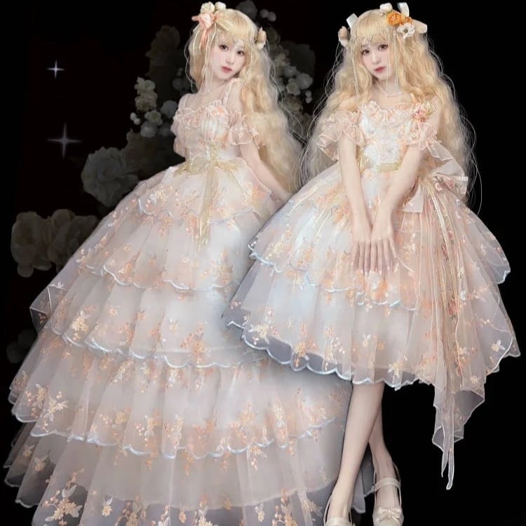 Wrist Full Painting-Inspired Apricot Lolita Skirt + Set Short Elegant Embroidered Cuffs Hanayome JSK - Oil Extension Large Floral Dress White Bow Brooch