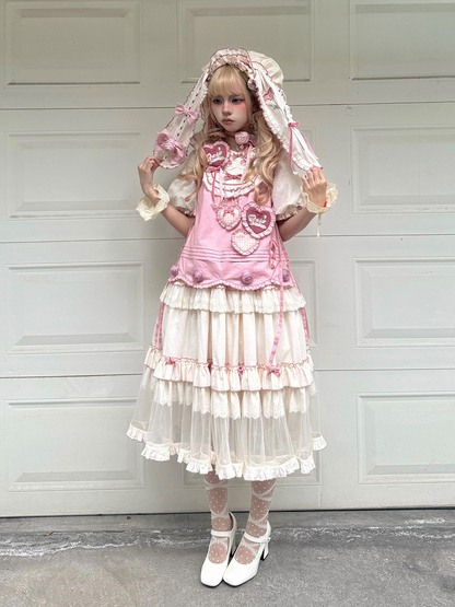 Rose Rosette Embroidered Sweet Lolita Bunny Ear Hooded Overdress with Heart Patches - Bodhi Original Design