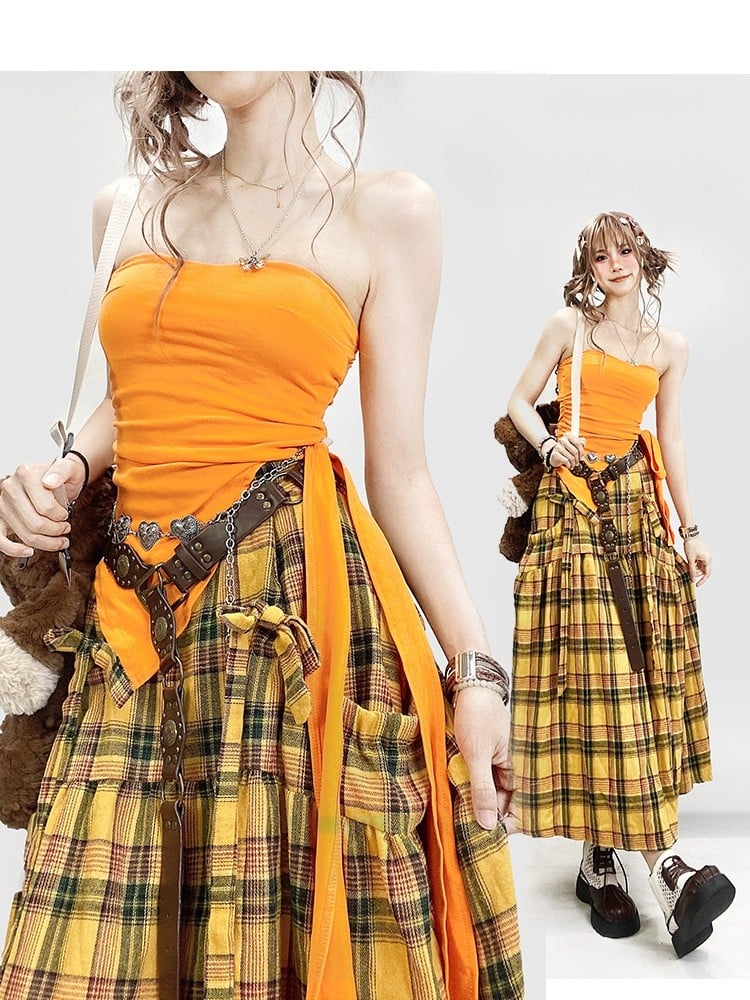 Y2K Tube Hem Decorated Top Asymmetrical Self-tie Strap Orange