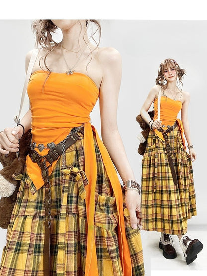 Y2K Tube Hem Decorated Top Asymmetrical Self-tie Strap Orange