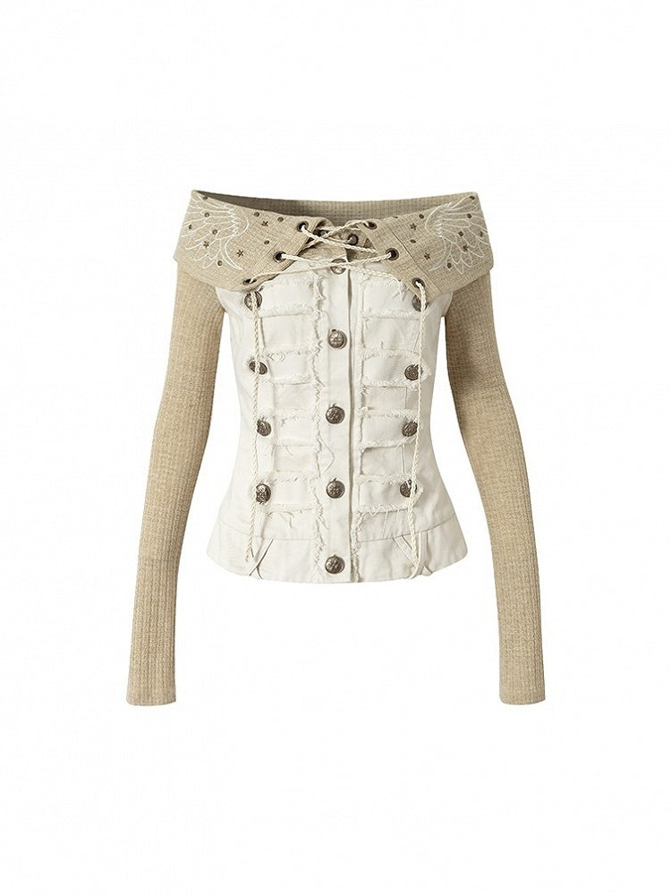 Studded Wing Khaki with Punk Panels Denim Embroidery Knit White Top Off-Shoulder