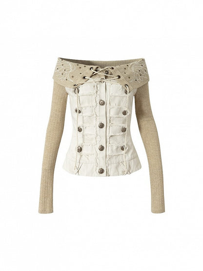 Studded Wing Khaki with Punk Panels Denim Embroidery Knit White Top Off-Shoulder