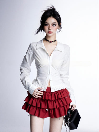 Tiered Skirt Red Cross Applique White Cropped Charms Strapless Top/Red Cross Gothic