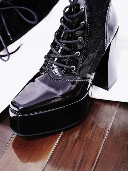 Boots Gothic Platform Knee-high Front Heel Ties High Lace Block Black Lace-up