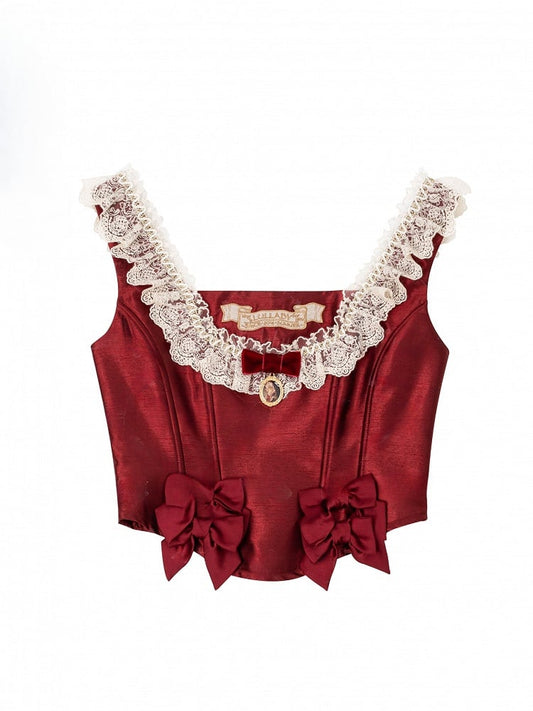 Details Bow With Lolita Trim Back Up And Lace Top Wine Red Lace-