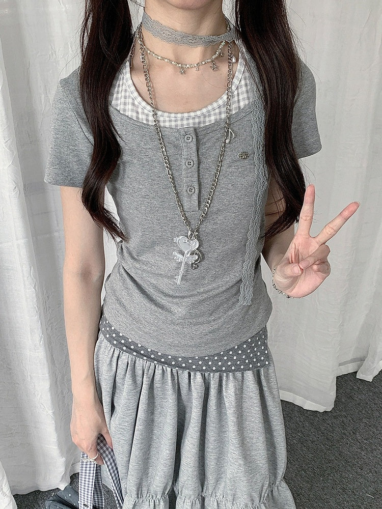 Gray Two-Tone Short Sleeve Top with Plaid Polka Dot - Solkatt