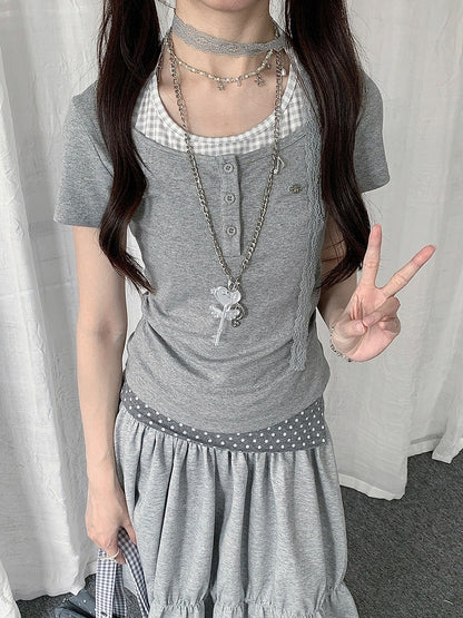 Gray Two-Tone Short Sleeve Top with Plaid Polka Dot - Solkatt