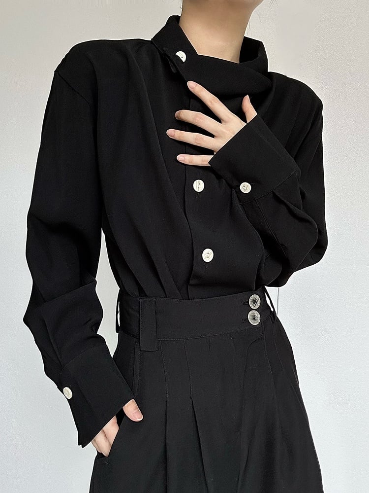Black Fold-Over Buttoned Vintage Shirt Lolita Collar Placket Ouji with
