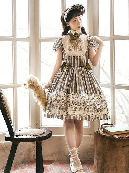 Version Lolita Embroidery Bodice Floral Pattern One and Brown Bowknot Short Striped Piece Classic