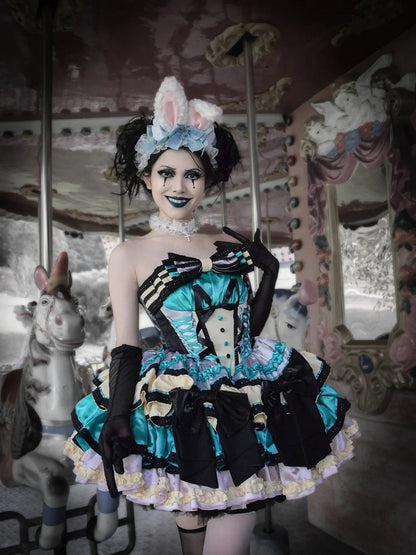 Pink Boned Basque Waist Puffy Dress with Bowknots and Big Padded Heart