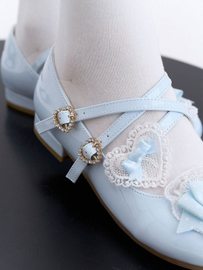 Blue Heels Lolita Low Fastener with Rhinestone Heart Sweet