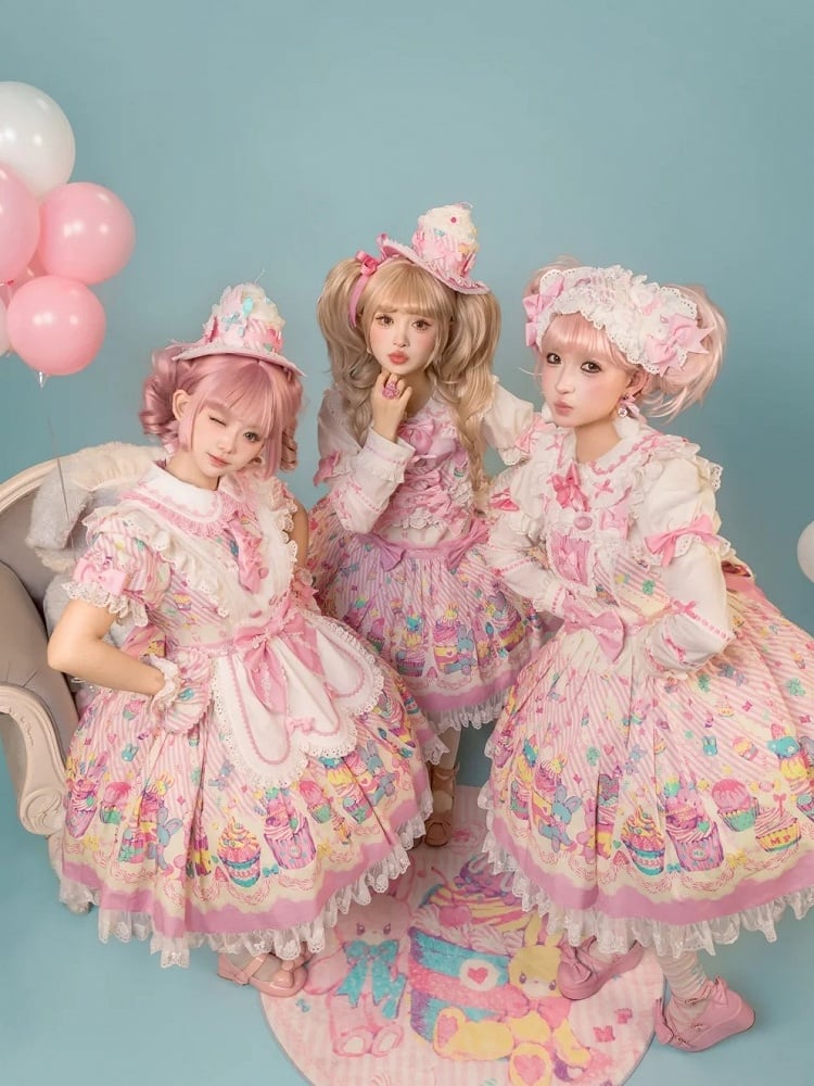 and White Collar Pan Pink Lolita Peter Bunny Cupcake Dress Print Maid