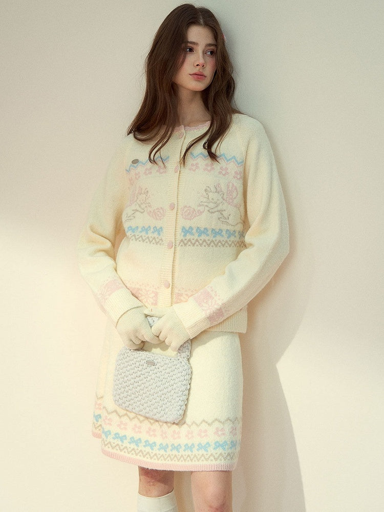 Cat with Vintage Kawaii Knit Beige Design Pattern Skirt