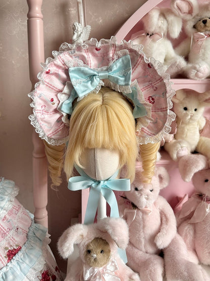 Pink Blue Cherry Print Sweet Lolita Bonnet with Lace - Strawberry Fantasy