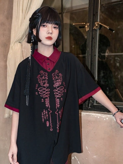 With Talisman Short-sleeve Gothic Fake Blouse Black Two-piece Chinese Print Red