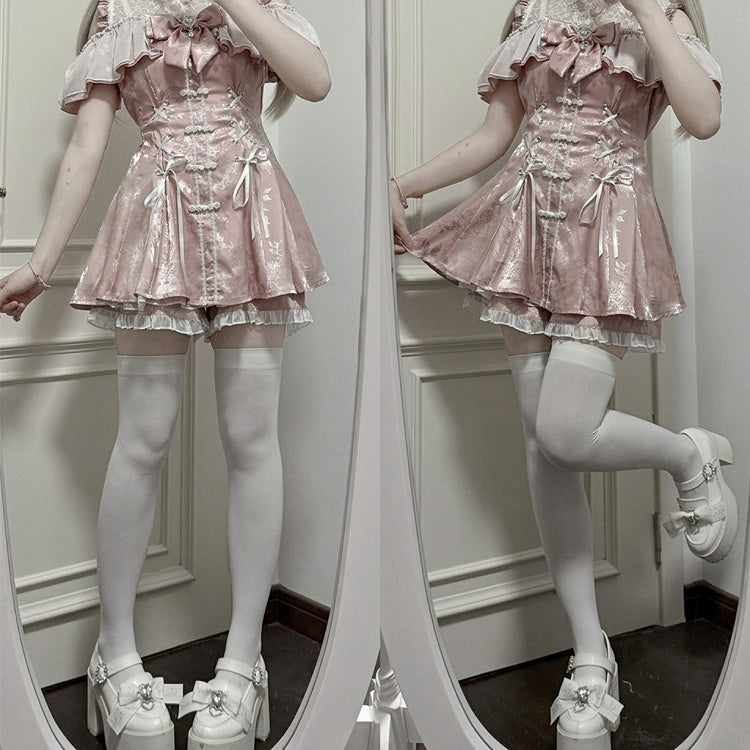 セット - ショートパンツ、蝶ネクタイネックライン、ベルスリーブ、イリュージョンチャイナドレス、ミニドレス、ダスティジライスタイル、ピンクケイ