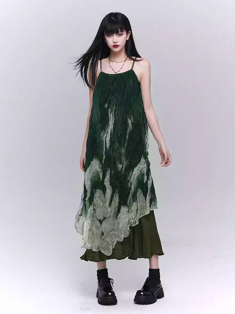 Gradient Green Asymmetrical Hem Ruffled Spaghetti Strap Dress