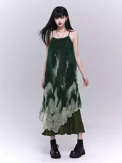 Gradient Green Asymmetrical Hem Ruffled Spaghetti Strap Dress