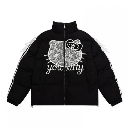 Black/White Kitty Lace Applique Puffer Jacket Bowknot Details
