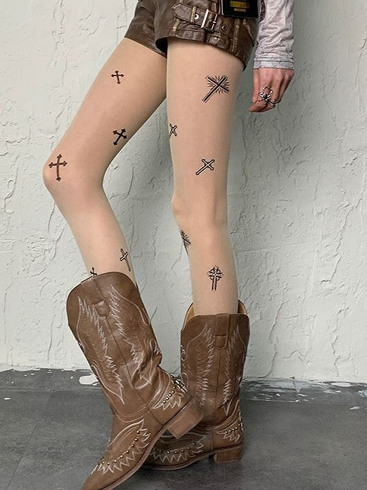 タイツプリントファッションギャルクロスY2Kパンクヌードウェイストランド