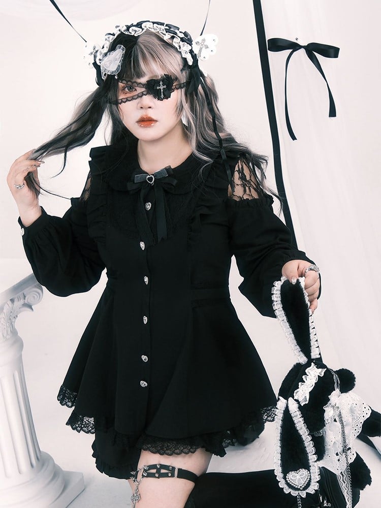 Set: Plus Elastic Open Black Waist Top Size Jirai Shoulder Shorts Kei