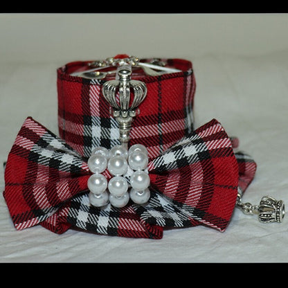 リボン結びの赤いチャームミニ装飾クラウンパターンチェック柄帽子ビーズ