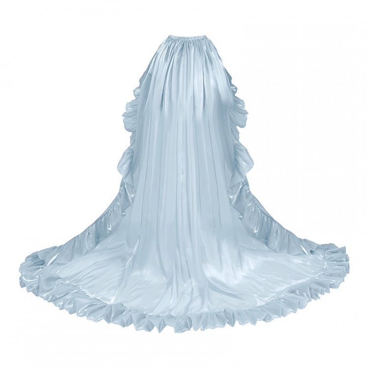 / トリムトレインフロアブルー丈フラウンスグレーベージュ