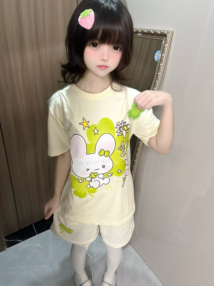 Leaf Lucky Clover and Bunny Print Apricot Four Cotton T-shirt