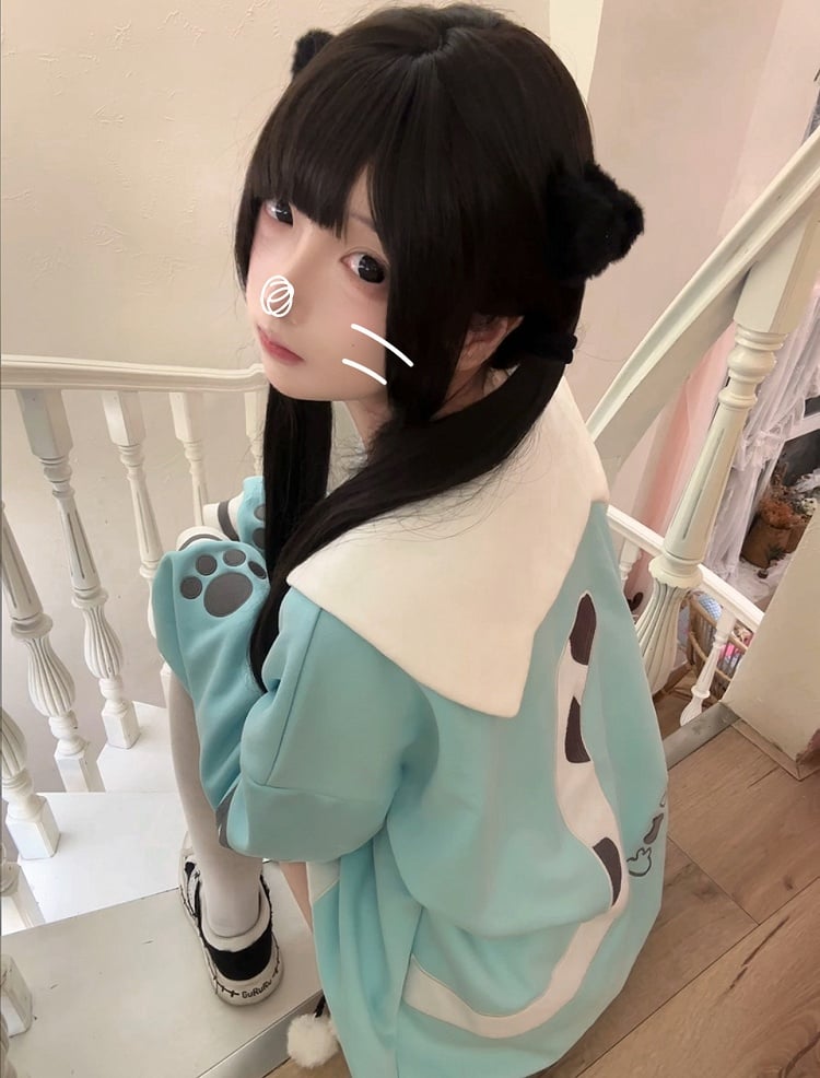 Adorable Collar Sailor Theme Embroidery Cat Cat-Ear Mint Sweatshirt with Blue