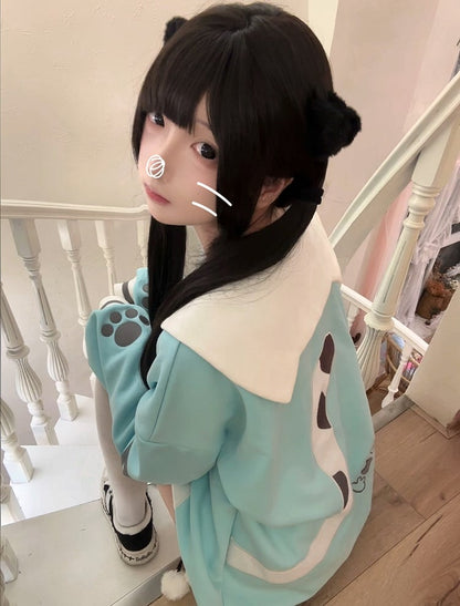 Adorable Collar Sailor Theme Embroidery Cat Cat-Ear Mint Sweatshirt with Blue