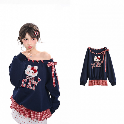 Red Asymmetrical Neckline Kitty Embroidery Applique Navy Plaid Self-tie Sweatshirt Straps at Blue