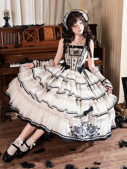 Swan-Embroidered Ruffled JSK Dress in Beige & Black - U.Rtto