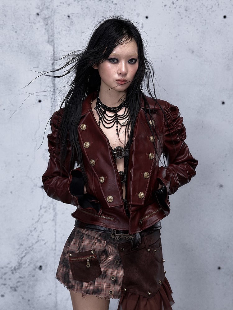 Rock Punk with Gathered Wine Details Red Jacket