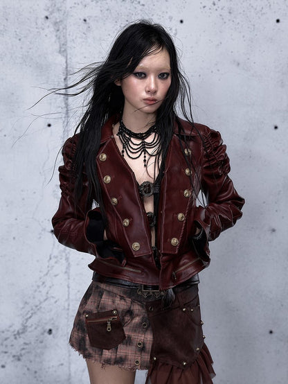 Rock Punk with Gathered Wine Details Red Jacket