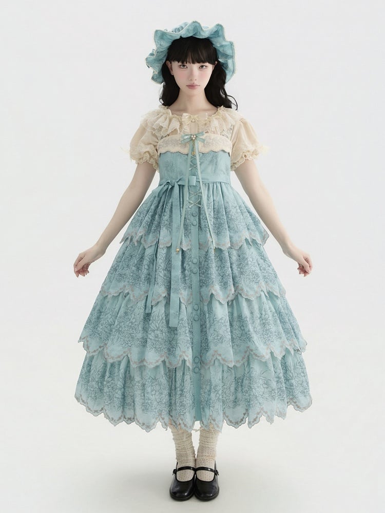 Jumper with Trim Scallop Skirt Blue Classic Layered Print Embroidered Lolita Floral