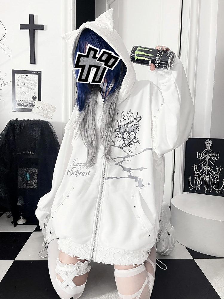 Jacketwith Ear Studded Cat White Zip-up Gray Hoodie HeartLetter Print