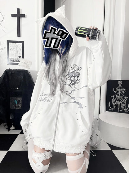 Jacketwith Ear Studded Cat White Zip-up Gray Hoodie HeartLetter Print