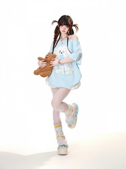 Plush Bunny Applique Criss-cross Design Cutout Shoulder Pink/Blue/Black Loose T-Shirt