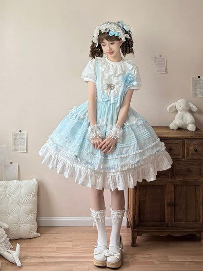 Azure Checkered Frilly Bow Lolita Jumperdress